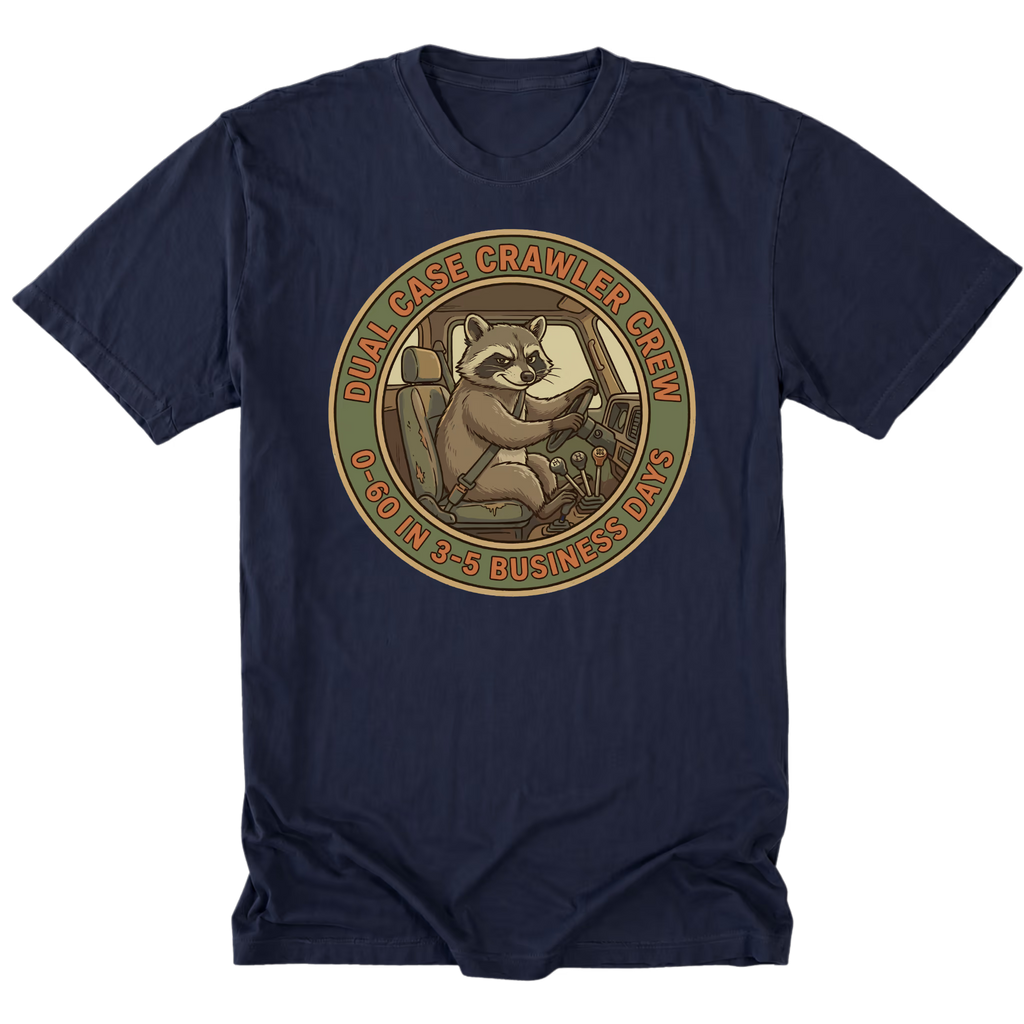 Navy T-Shirt featuring the Dual Case Crawler Crew business days design on the front by Trail Snark.
