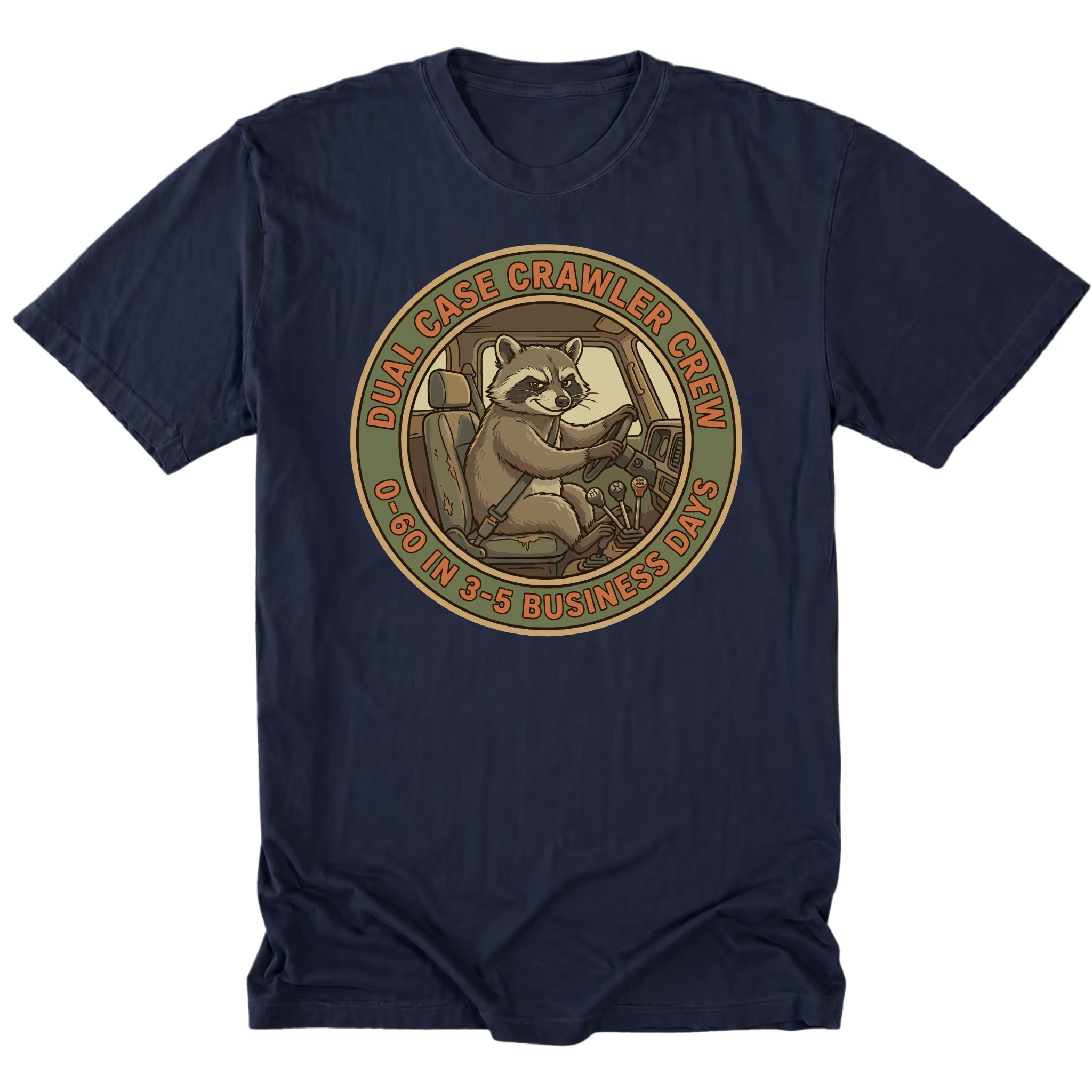 Navy T-Shirt featuring the Dual Case Crawler Crew business days design on the front by Trail Snark.