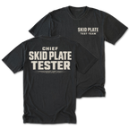 Black Tall Tee featuring the Chief Skid Plate Tester design on the back by Trail Snark.