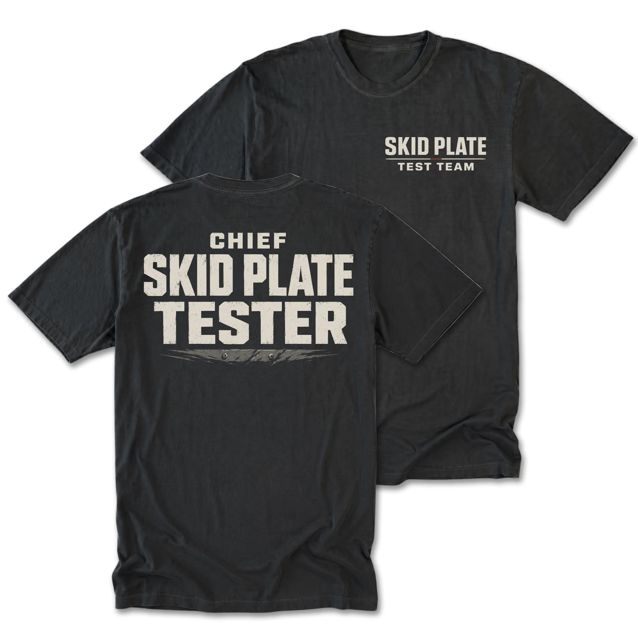 Black Tall Tee featuring the Chief Skid Plate Tester design on the back by Trail Snark.