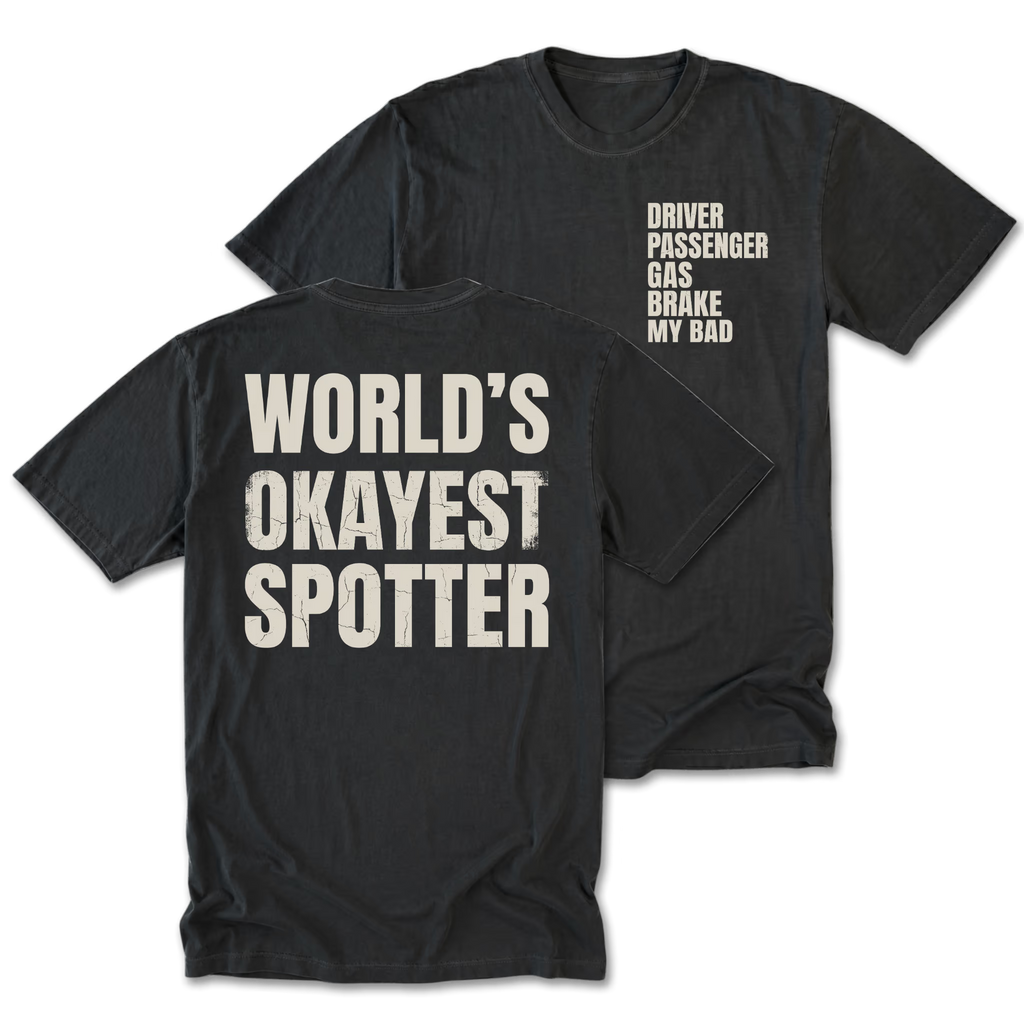 Black Tall Tee featuring the World’s Okayest Spotter design on the back by Trail Snark.