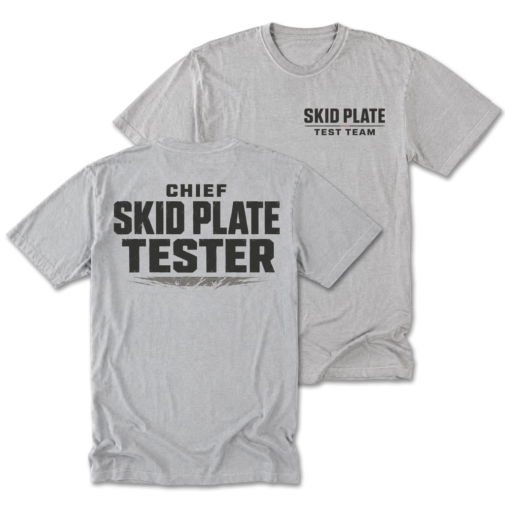 Light Steel Tall Tee featuring the Chief Skid Plate Tester design on the back by Trail Snark.