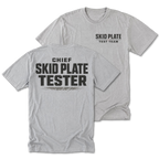 Light Steel Tall Tee featuring the Chief Skid Plate Tester design on the back by Trail Snark.