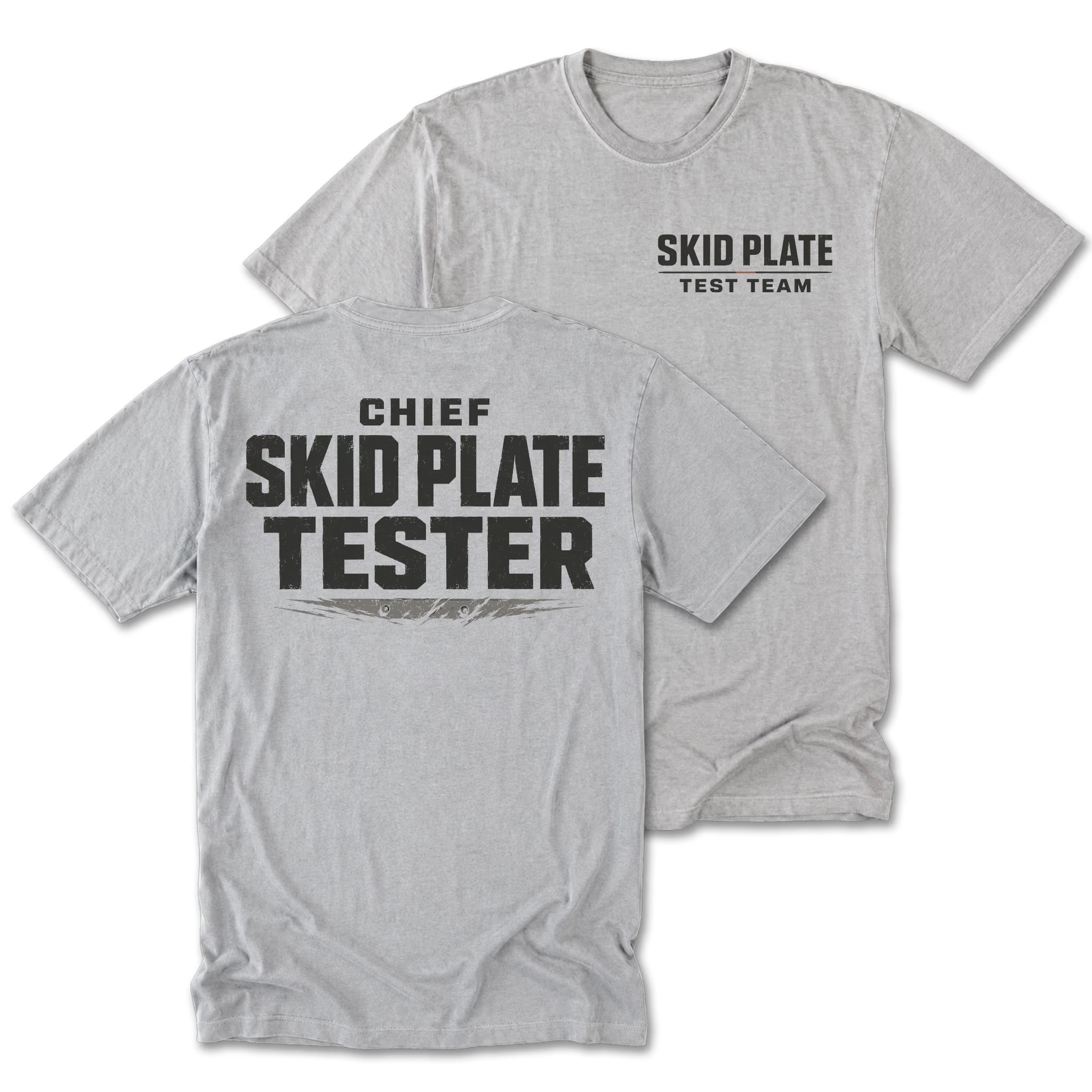 Light Steel Tall Tee featuring the Chief Skid Plate Tester design on the back by Trail Snark.