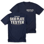 Navy Tall Tee featuring the Chief Skid Plate Tester design on the back by Trail Snark.