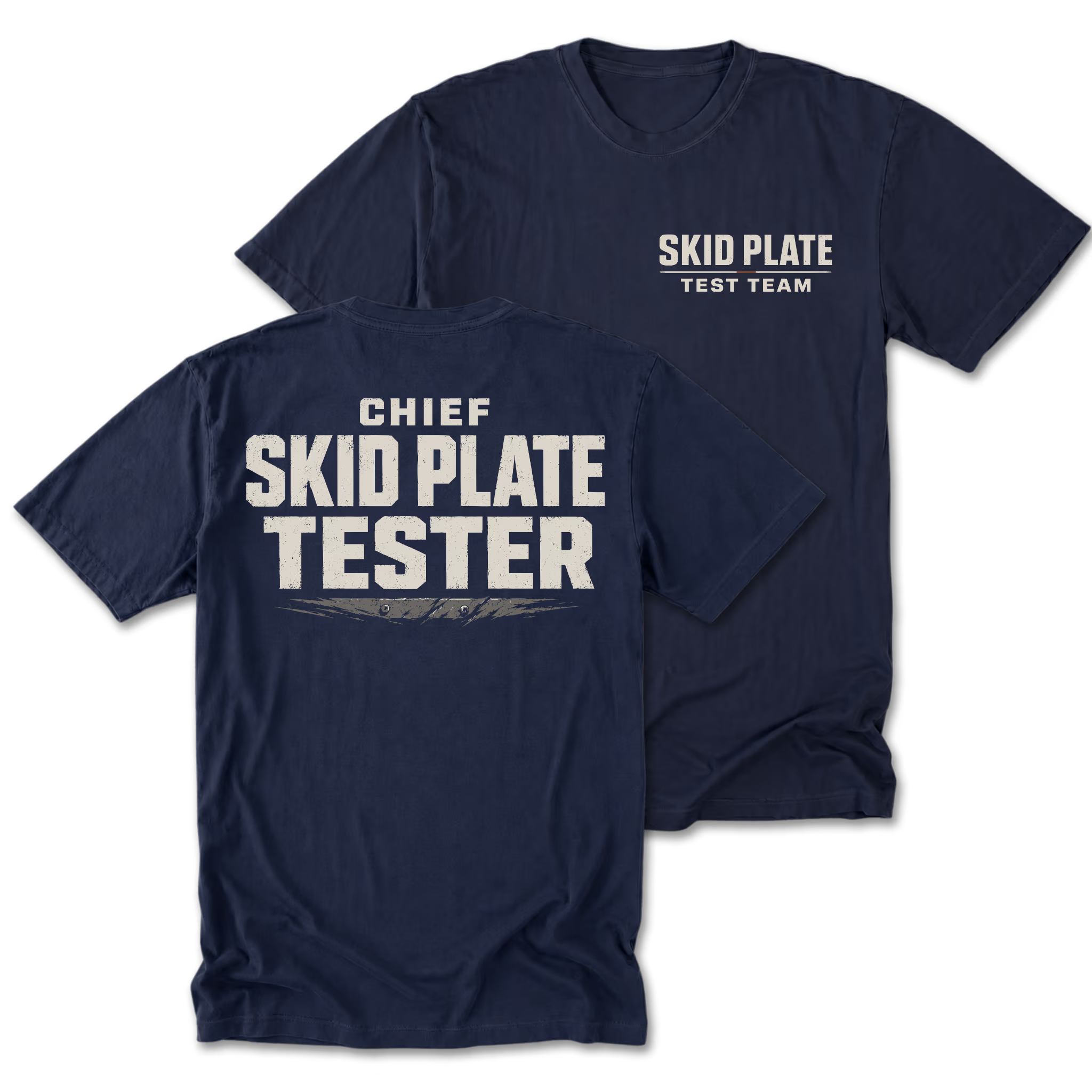 Navy Tall Tee featuring the Chief Skid Plate Tester design on the back by Trail Snark.