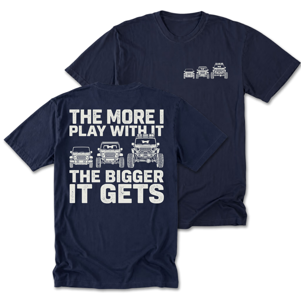 Navy Tall Tee featuring the Bigger Rig progression design on the back by Trail Snark.