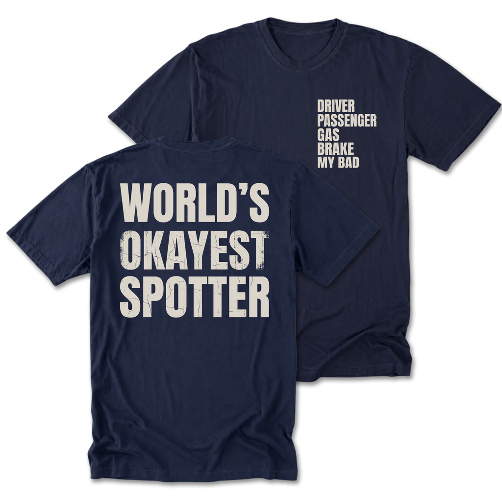 Navy Tall Tee featuring the World’s Okayest Spotter design on the back by Trail Snark.