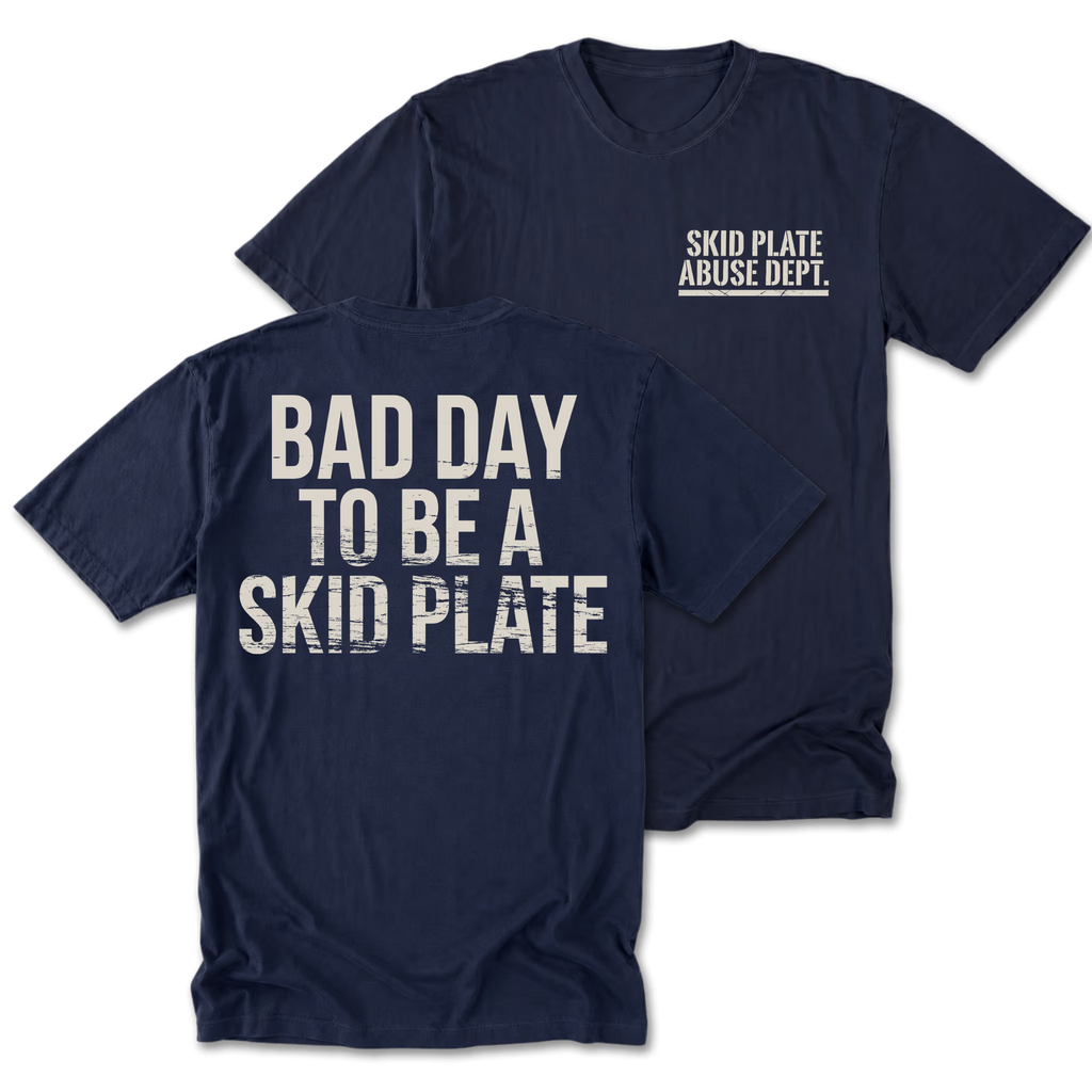 Navy Tall Tee featuring the Bad Day to Be a Skid Plate design on the back by Trail Snark.