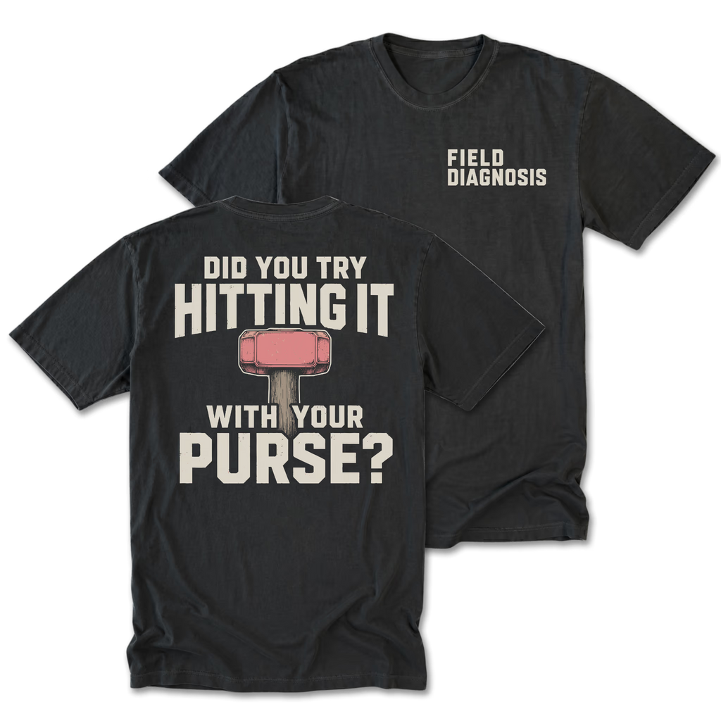 Two black graphic t-shirts shown on a white background, displaying both the front and back designs. The front left chest features 'FIELD DIAGNOSIS' in white.