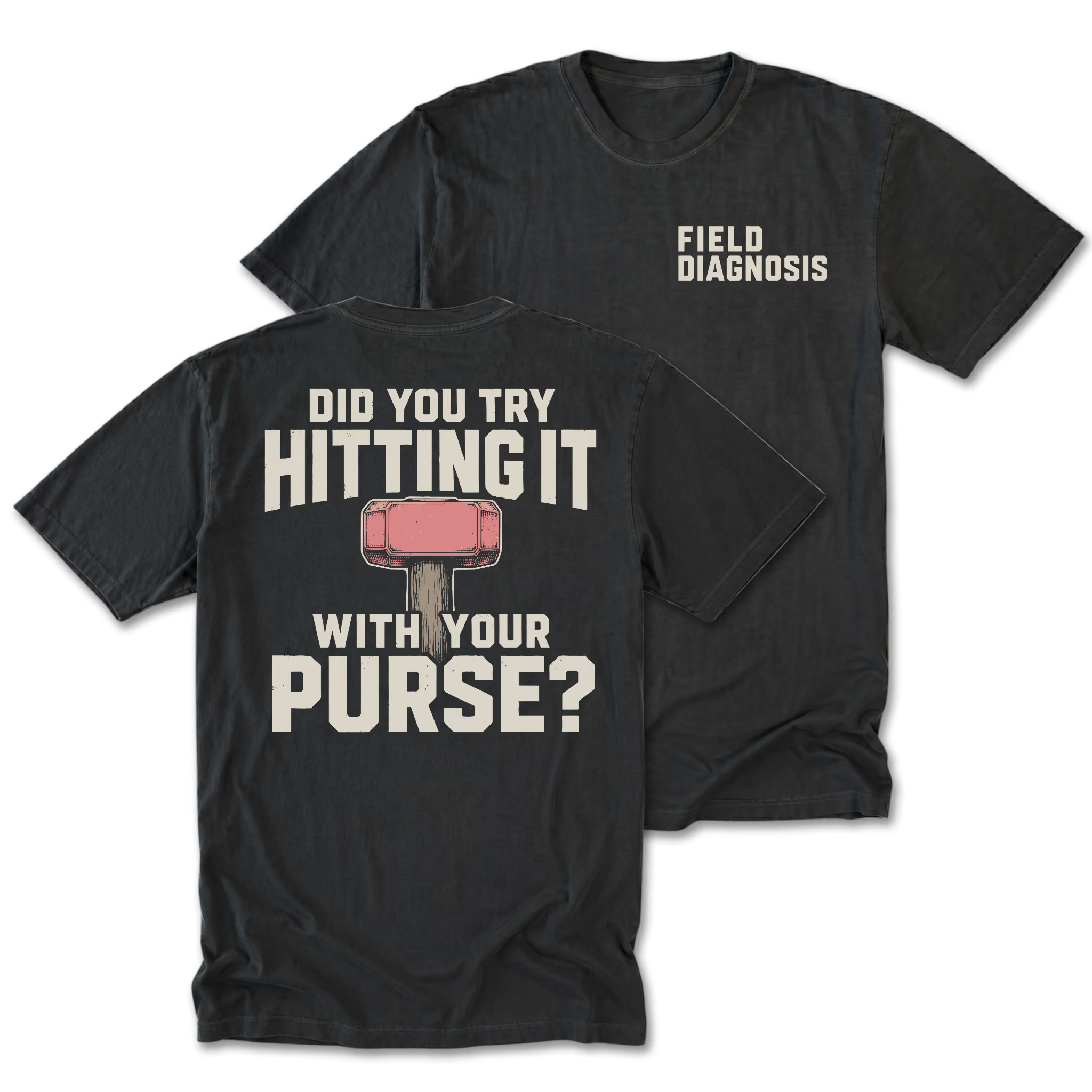 Two black graphic t-shirts shown on a white background, displaying both the front and back designs. The front left chest features 'FIELD DIAGNOSIS' in white.