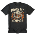 A black t-shirt with a graphic print of a skull wearing a headset, surrounded by orange flames, with the text 'MONEY PIT' above and 'FEED ME PARTS' below.