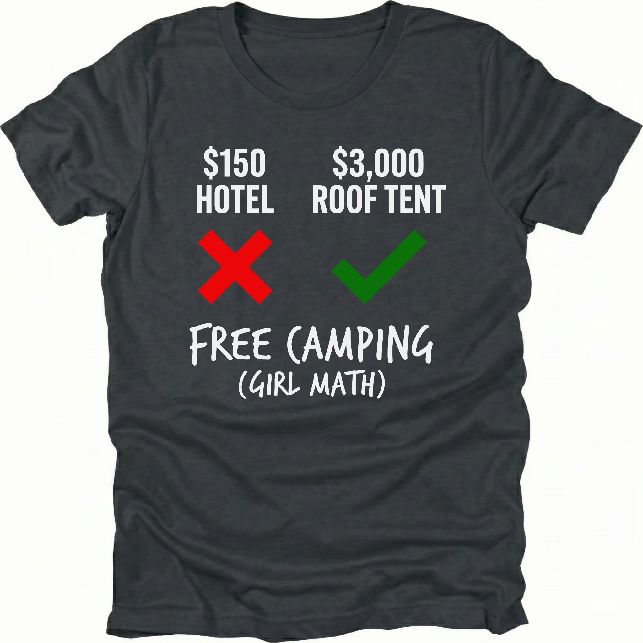 Black t-shirt showing hotel versus roof tent price comparison graphic with free camping girl math text on the front.