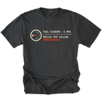 Black t-shirt featuring a fuel gauge graphic with text reading fuel economy 8 MPG and smiles per gallon unmeasurable displayed on the front.