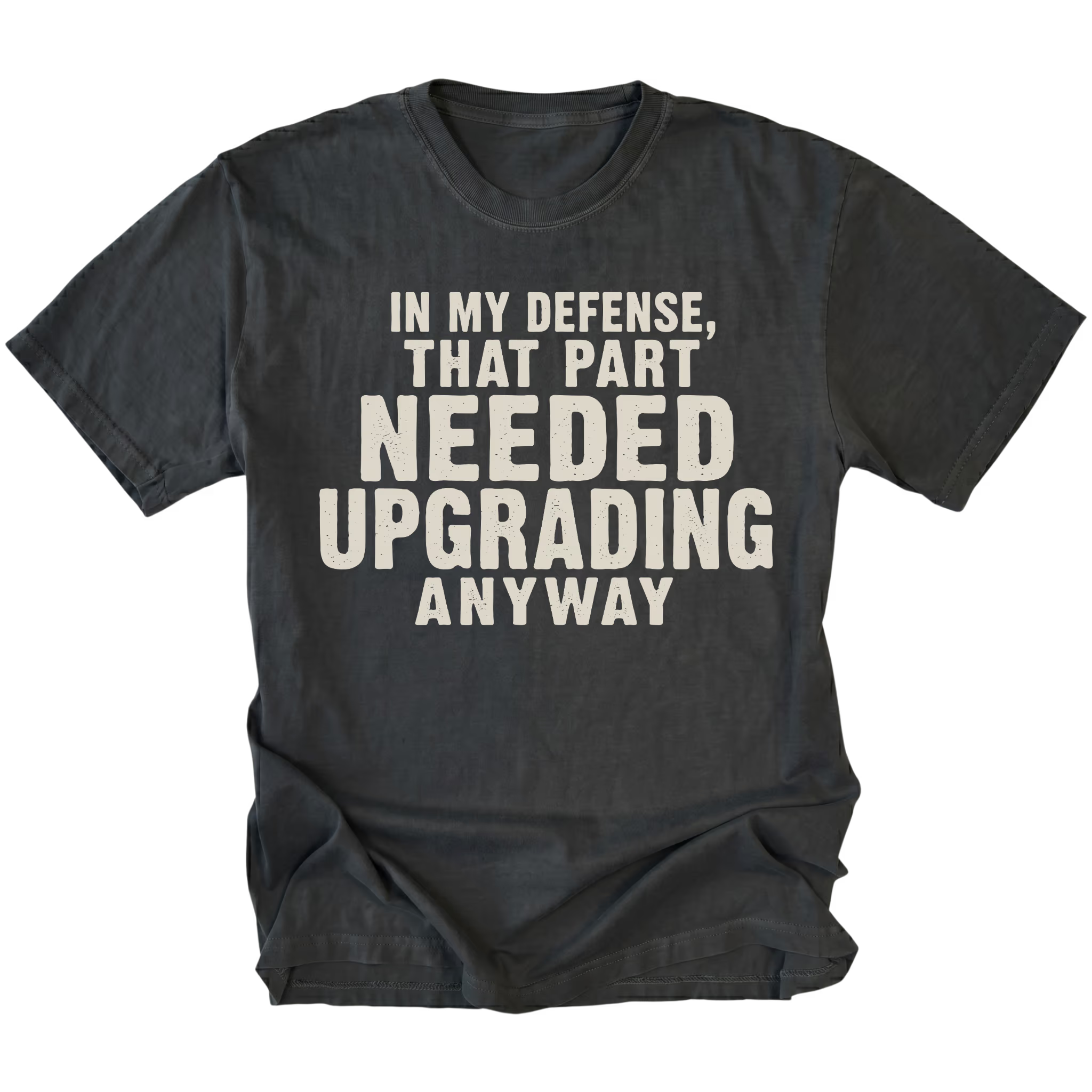 Black t-shirt featuring the Needed Upgrading design on the front by Trail Snark.