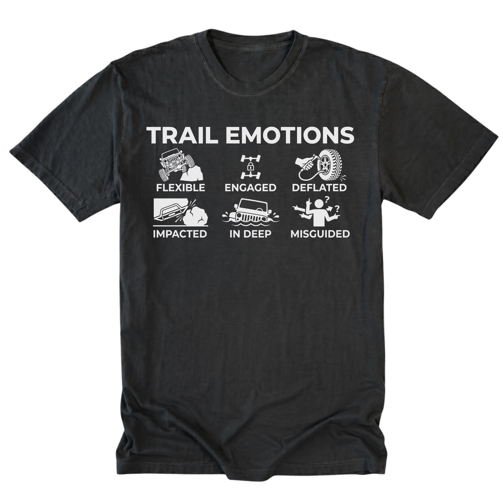 Black Tall Tee featuring the Trail Emotions design on the front by Trail Snark.