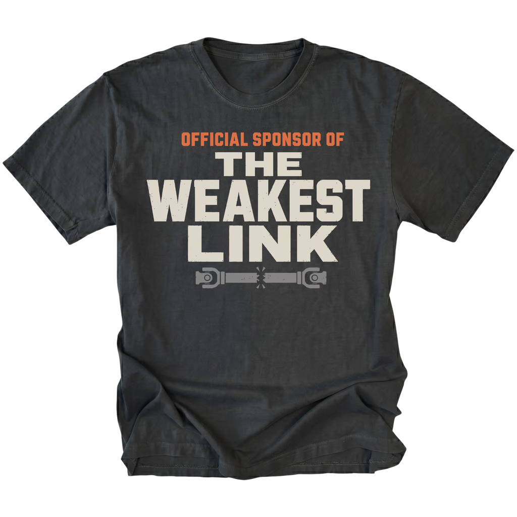 Black t-shirt featuring the Weakest Link design on the front by Trail Snark.