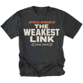 Black t-shirt featuring the Weakest Link design on the front by Trail Snark.