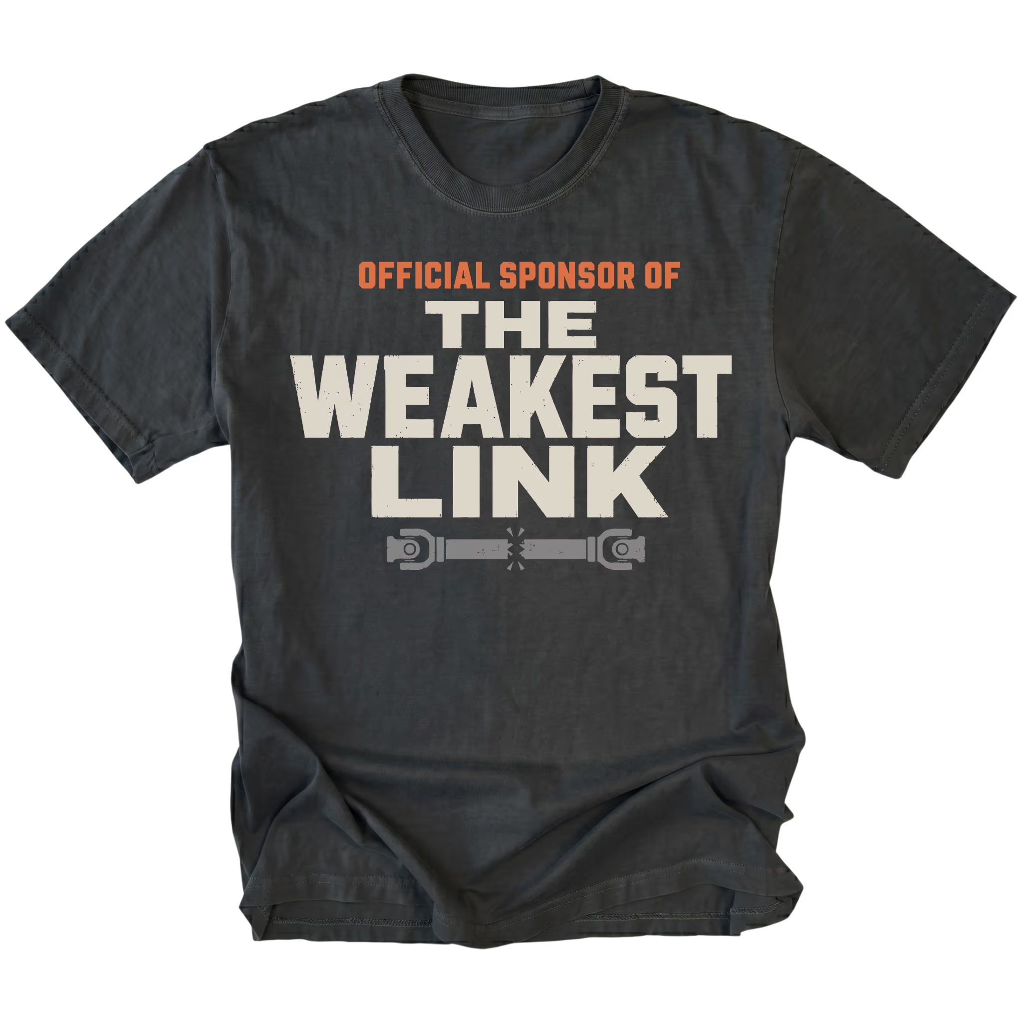 Black t-shirt featuring the Weakest Link design on the front by Trail Snark.