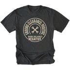 Black T-Shirt with the Ground Clearance: Positive. Bank Balance: Negative. design in a front view by Trail Snark.