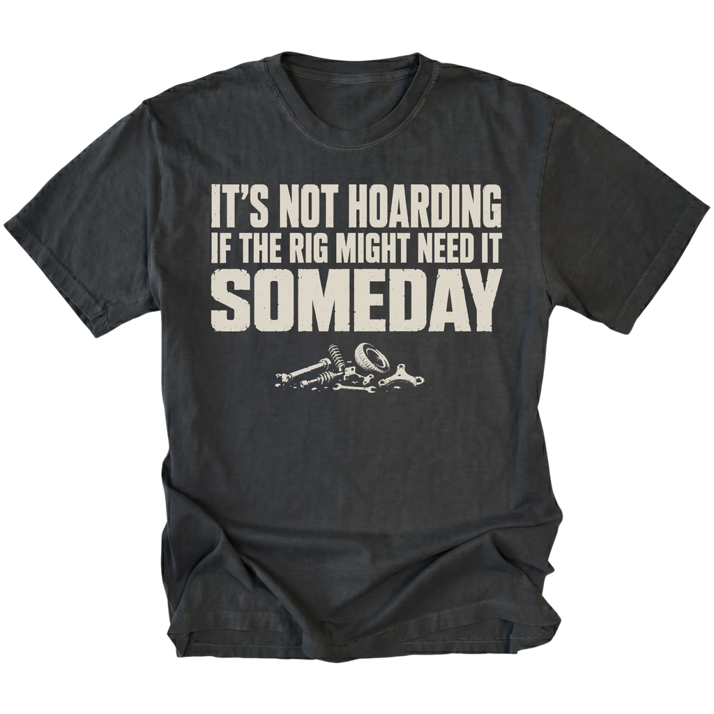 Black t-shirt featuring the Parts Hoard design on the front by Trail Snark.
