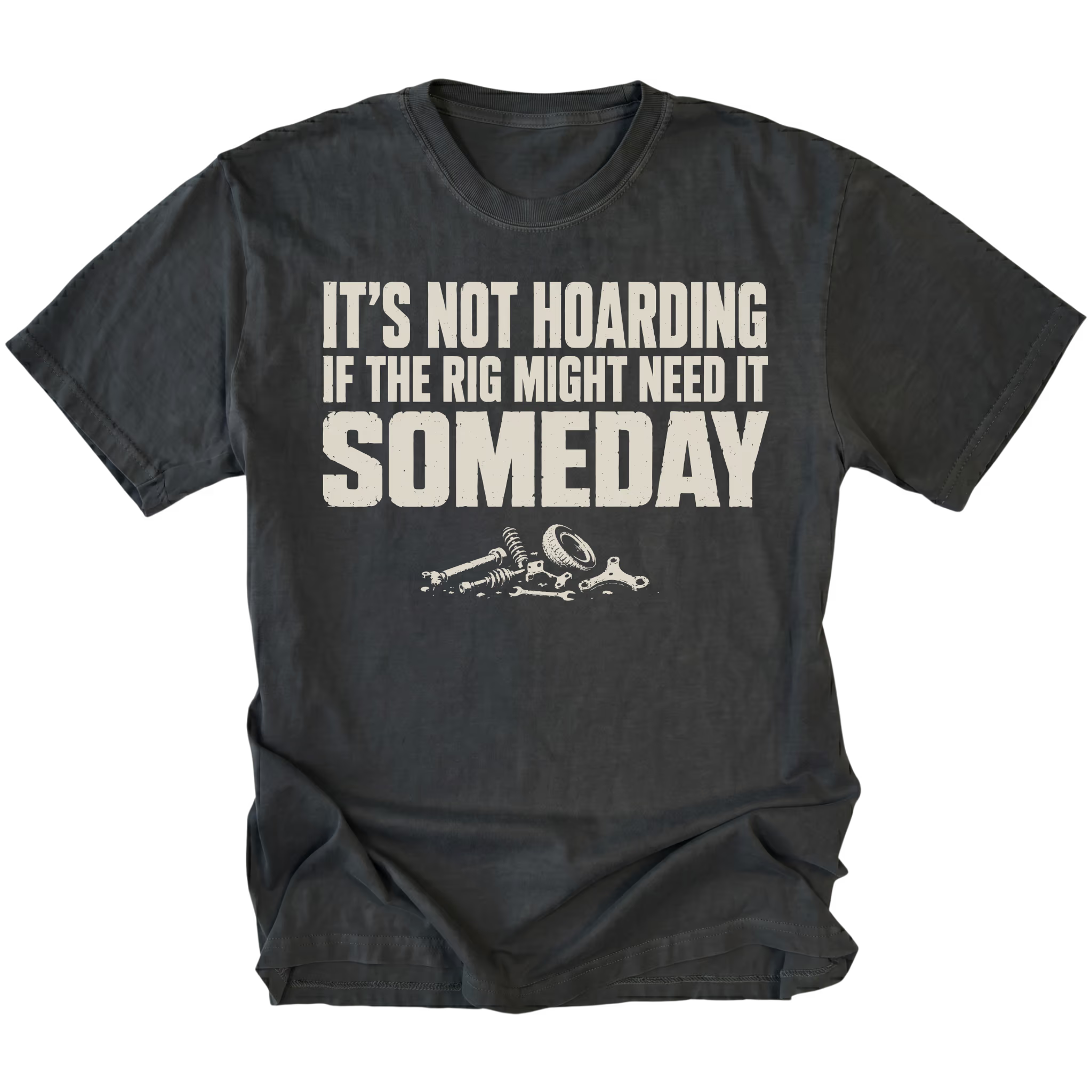 Black t-shirt featuring the Parts Hoard design on the front by Trail Snark.
