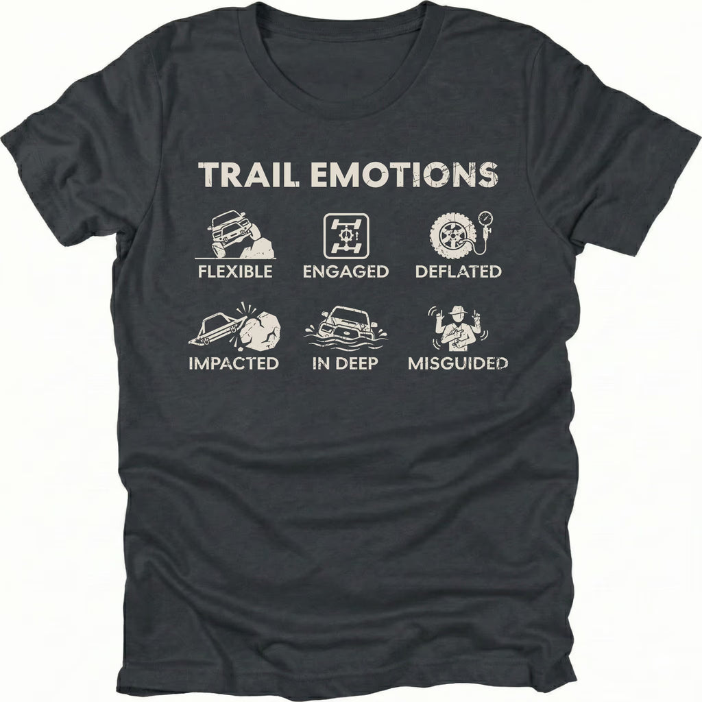 Black t-shirt featuring Trail Emotions icons including flexible, engaged, deflated, impacted, in deep, and misguided trail situations by Trail Snark.