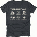 Black t-shirt featuring Trail Emotions icons including flexible, engaged, deflated, impacted, in deep, and misguided trail situations by Trail Snark.