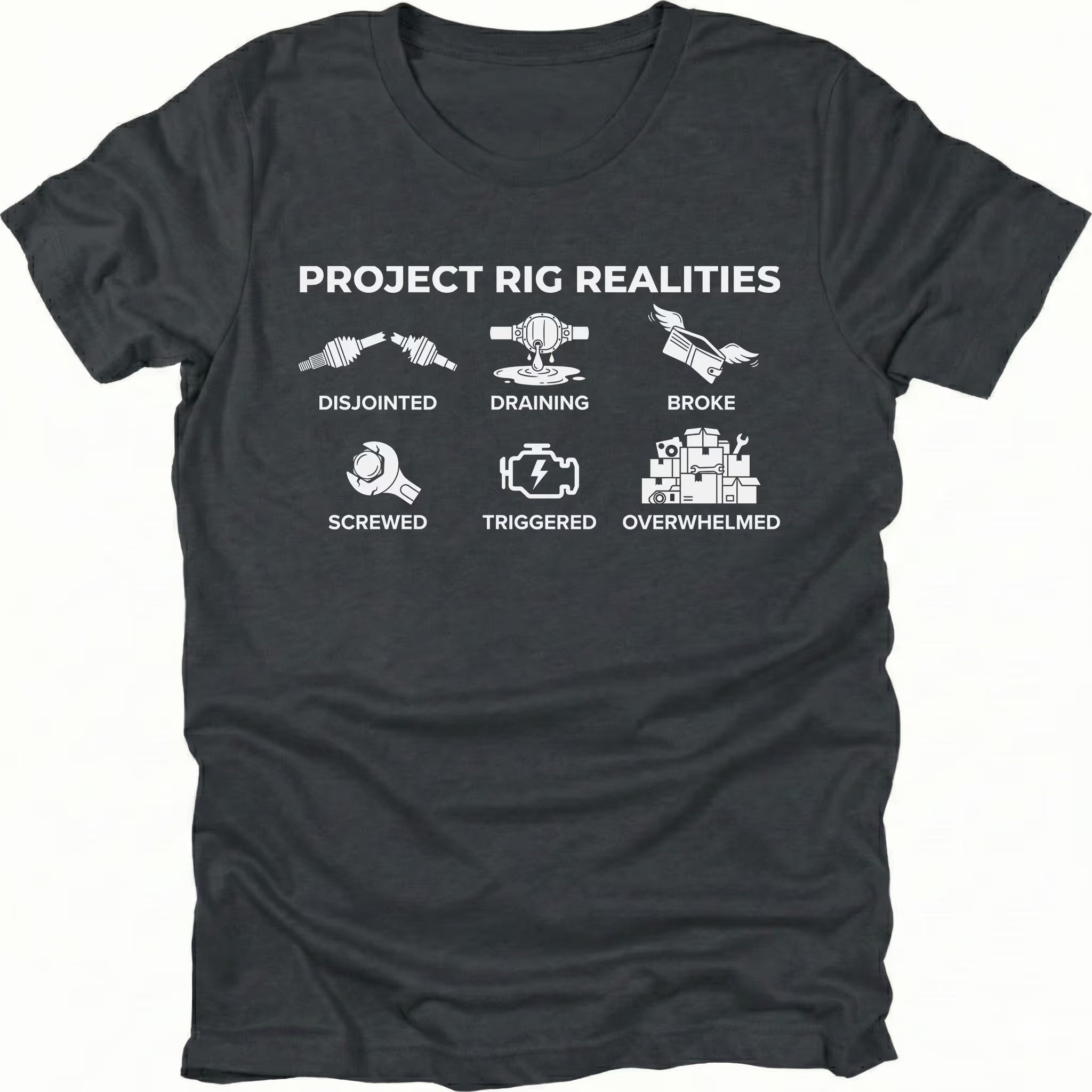 Black T-Shirt with “Project Rig Realities” icons showing disjointed, draining, broke, screwed, triggered, and overwhelmed on front view by Trail Snark.
