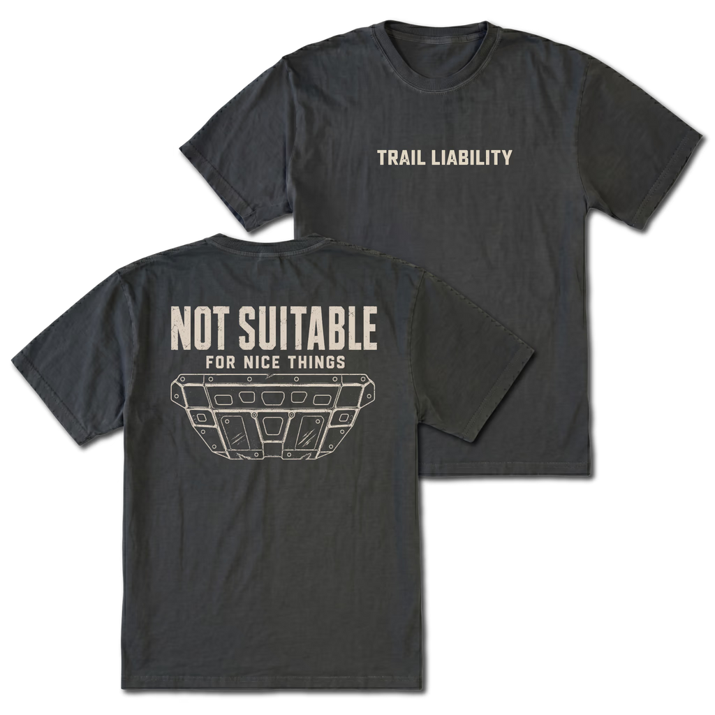 Black T-shirt with a Not Suitable For Nice Things skid plate design shown from the back view by Trail Snark.