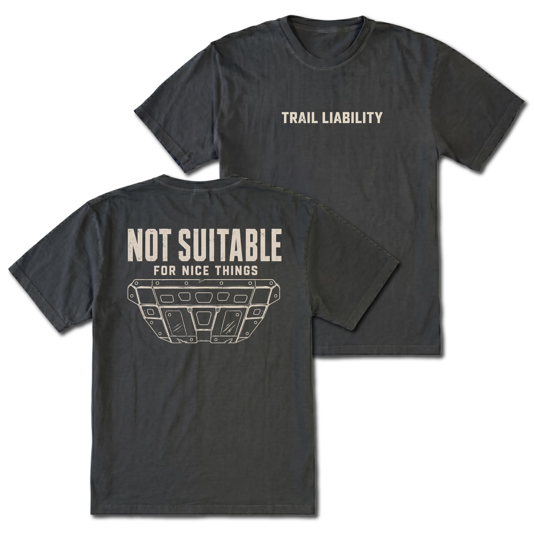 Black T-shirt with a Not Suitable For Nice Things skid plate design shown from the back view by Trail Snark.