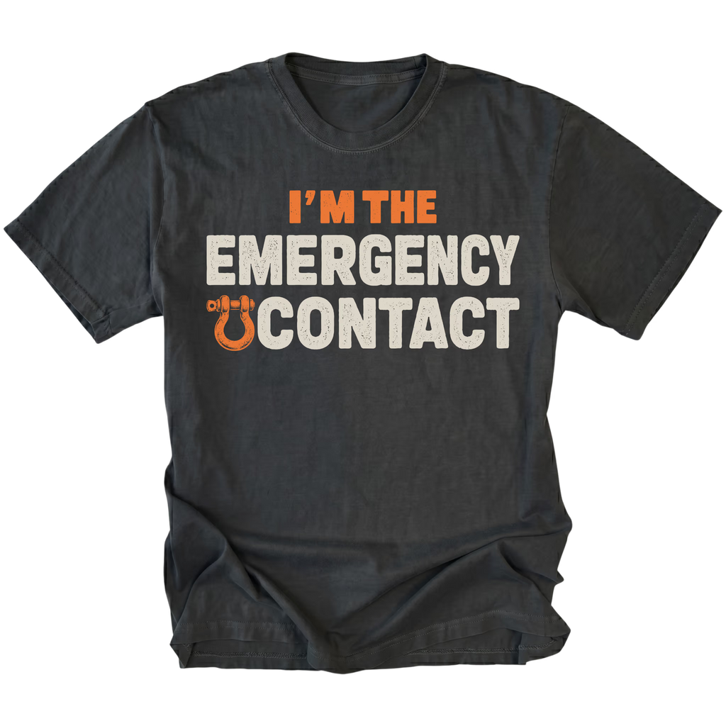Black T-shirt featuring the Emergency Contact design with a recovery shackle on the front by Trail Snark.