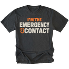 Black T-shirt featuring the Emergency Contact design with a recovery shackle on the front by Trail Snark.