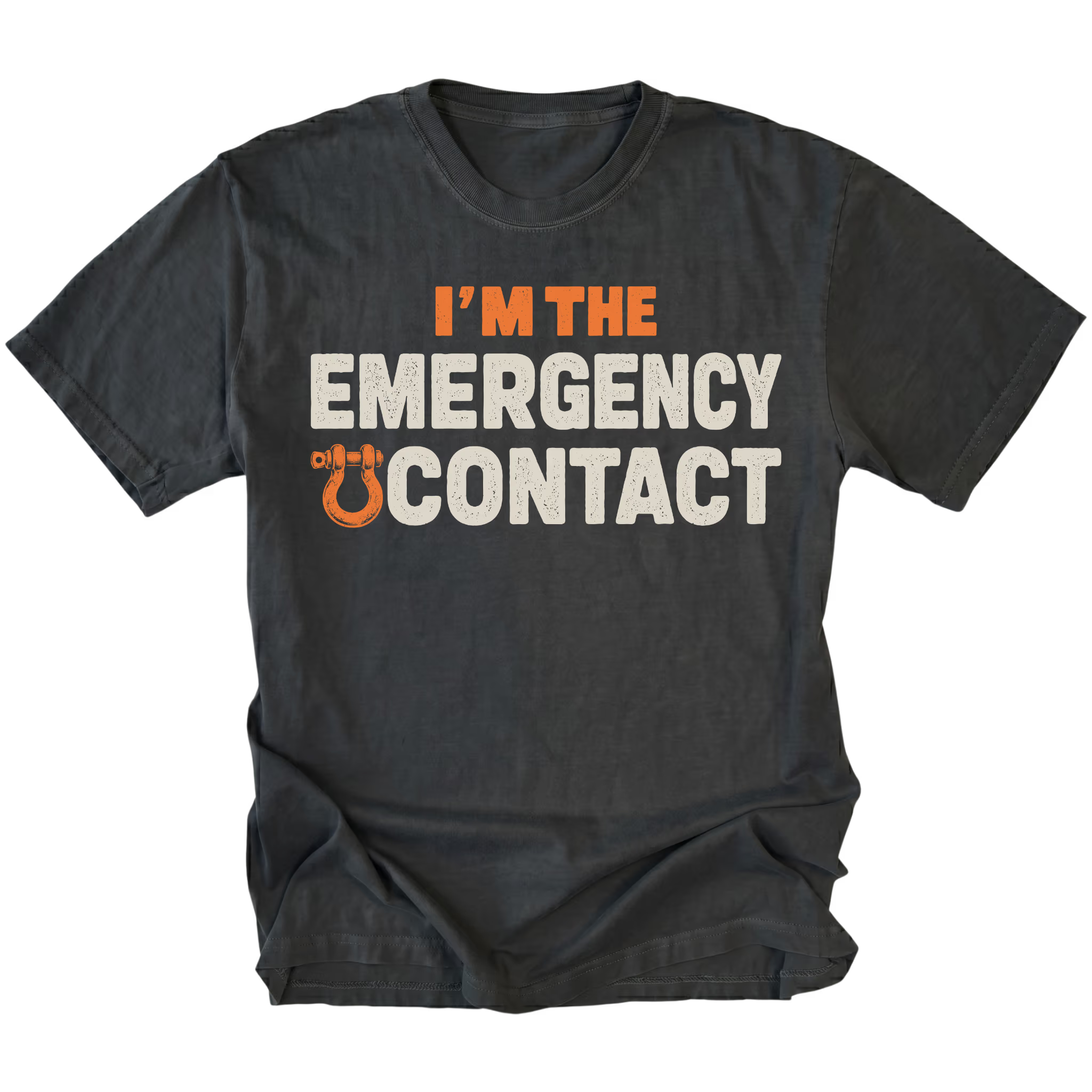 Black T-shirt featuring the Emergency Contact design with a recovery shackle on the front by Trail Snark.