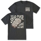 A black t-shirt shown from both the front and back. The front features a small white graphic on the left chest reading 'CONTACT CONFIRMED' with a small square logo.