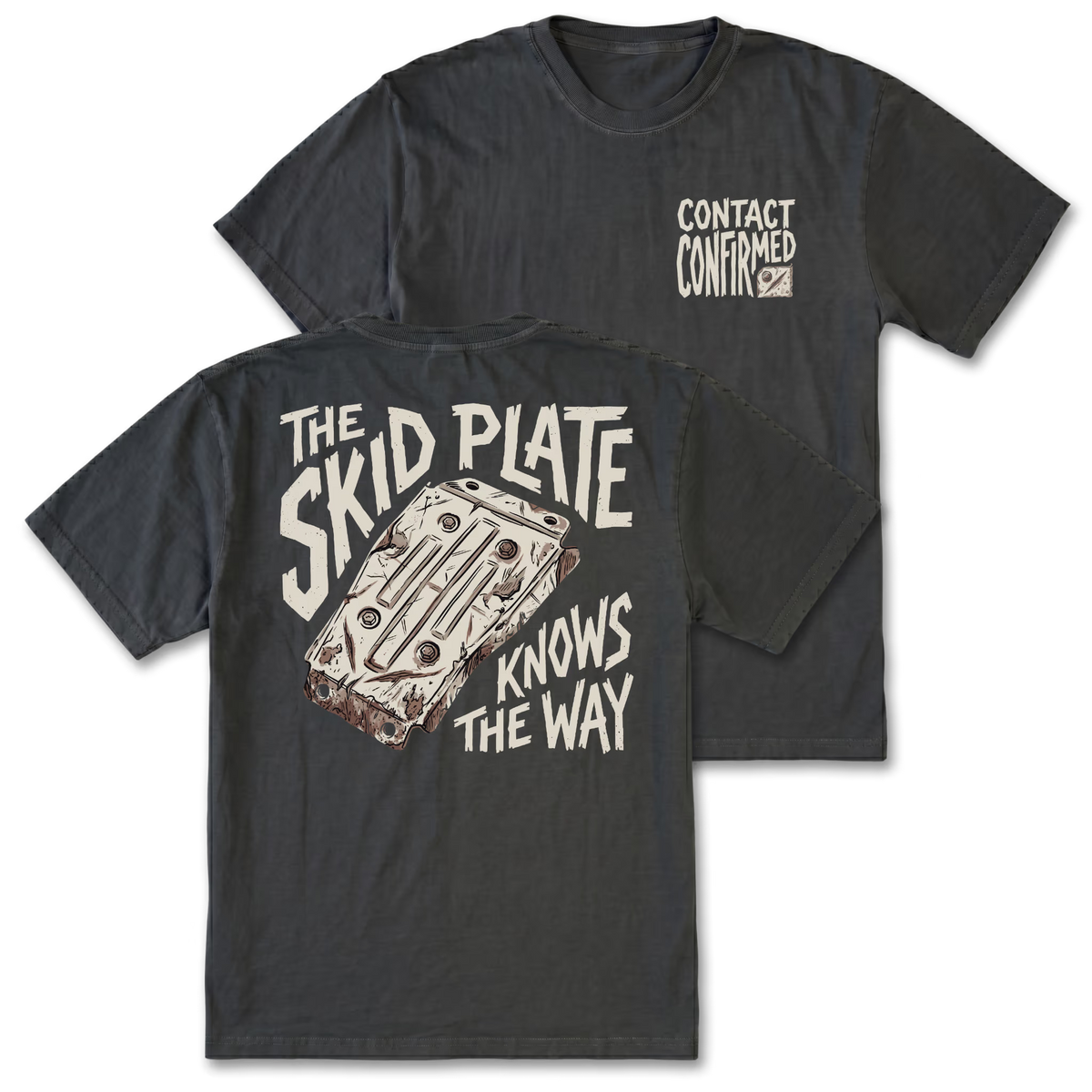 A black t-shirt shown from both the front and back. The front features a small white graphic on the left chest reading 'CONTACT CONFIRMED' with a small square logo.