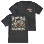 Two black t-shirts shown on a plain white background, displaying the front and back designs. The front features a small red and beige 'TRAIL TAX' logo on the left chest.
