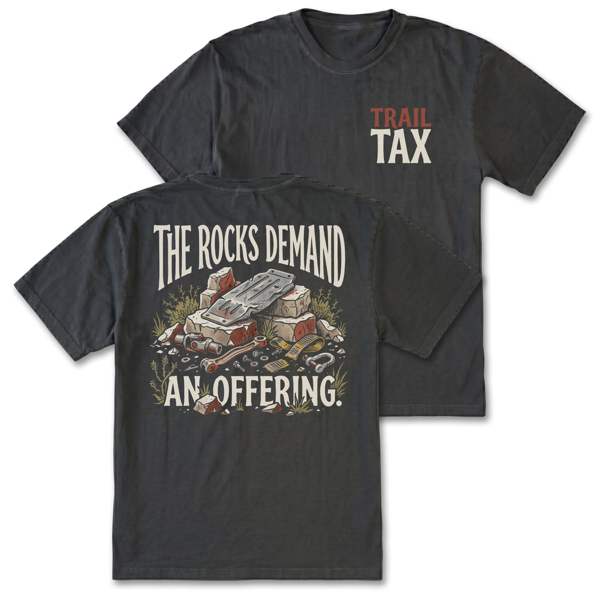 Two black t-shirts shown on a plain white background, displaying the front and back designs. The front features a small red and beige 'TRAIL TAX' logo on the left chest.