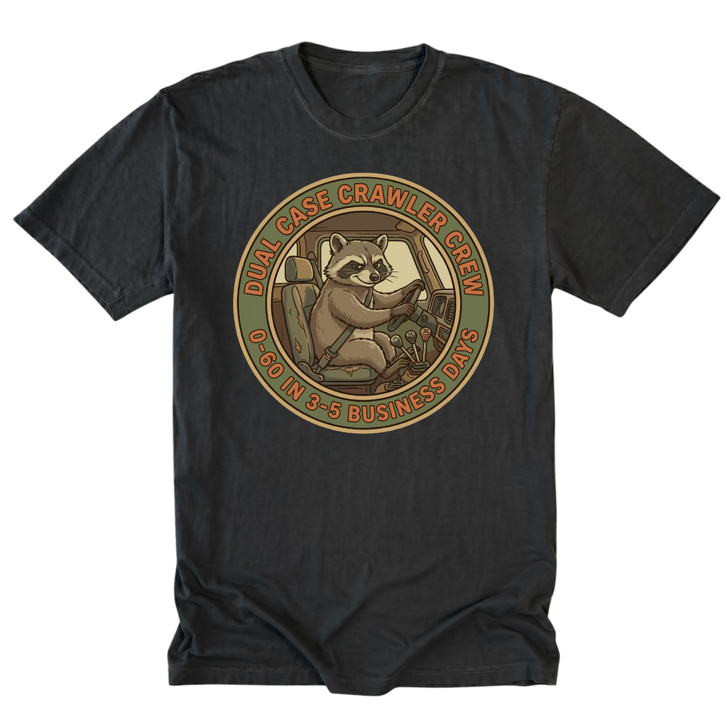 Black T-Shirt featuring the Dual Case Crawler Crew business days design on the front by Trail Snark.