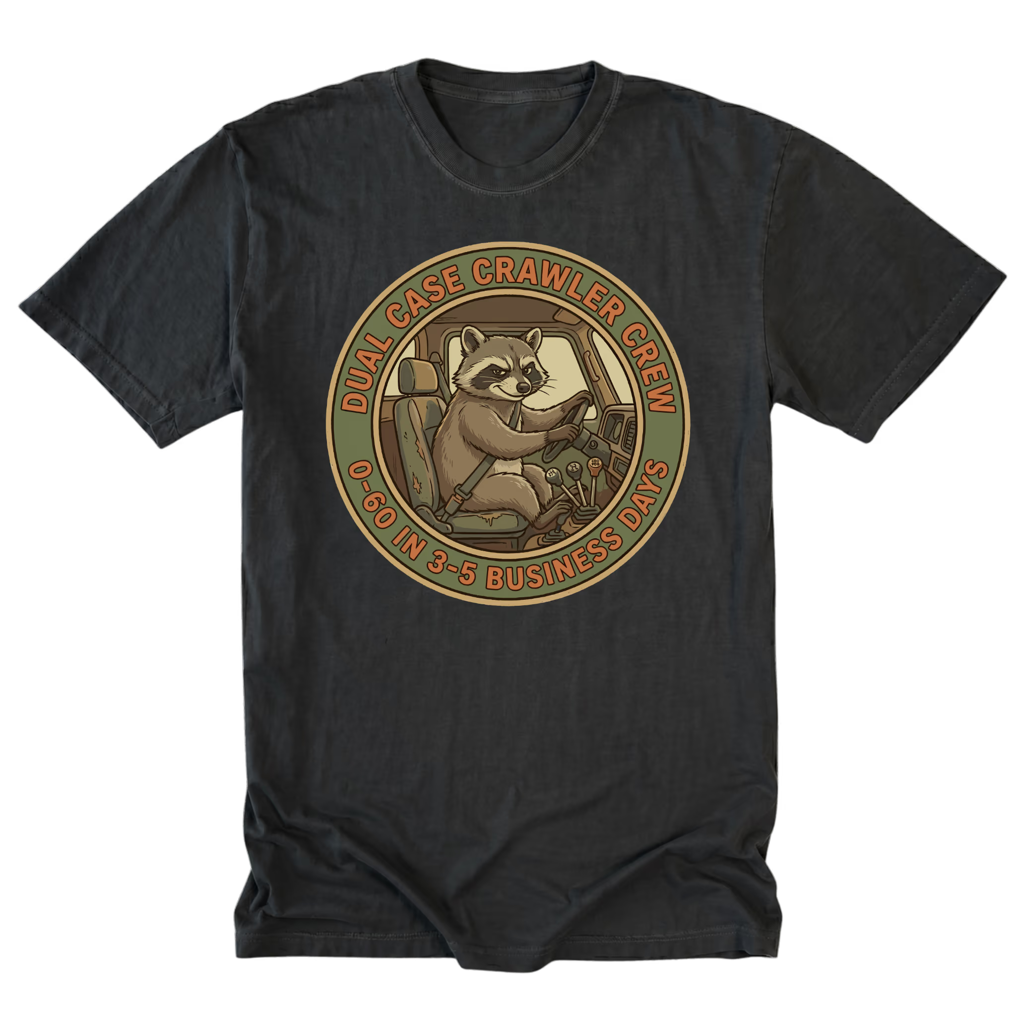 Black T-Shirt featuring the Dual Case Crawler Crew business days design on the front by Trail Snark.