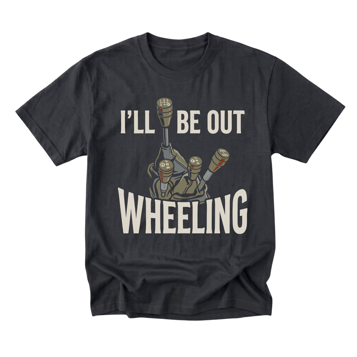 A black short-sleeve t-shirt with a graphic print of a tank gun barrel and the text 'I'LL BE OUT WHEELING' in a distressed off-white font, shown on a solid white background.