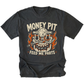 A black graphic t-shirt featuring a stylized skull and gears surrounded by flames, with the text 'MONEY PIT FEED ME PARTS' printed in cream and orange.