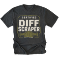 A black t-shirt with a distressed graphic that reads 'CERTIFIED DIFF SCRAPER' in white, featuring an illustration of a green and gold differential gear housing at the bottom.