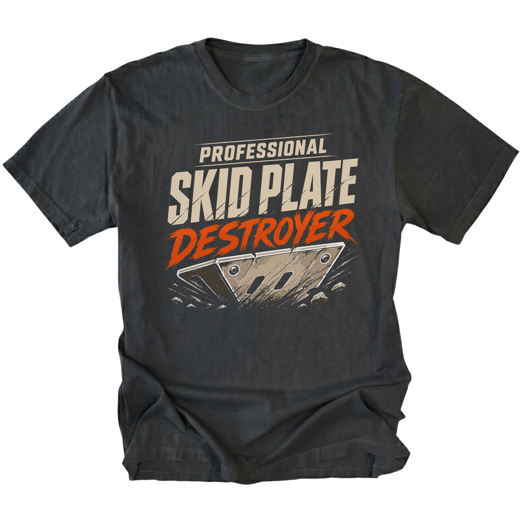 Black T-Shirt featuring Professional Skid Plate Destroyer design with damaged skid plate graphic on front view by Trail Snark.