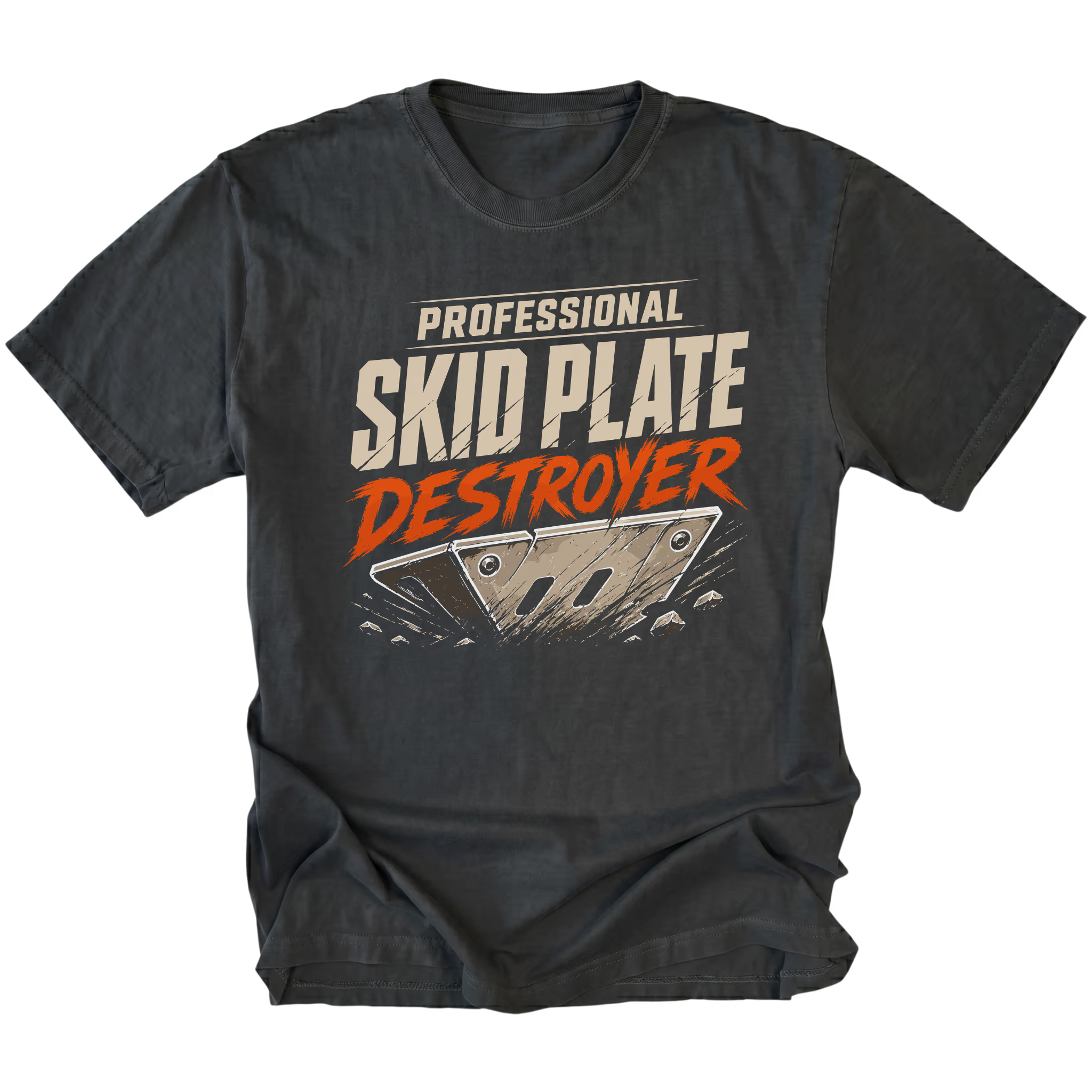 Black T-Shirt featuring Professional Skid Plate Destroyer design with damaged skid plate graphic on front view by Trail Snark.