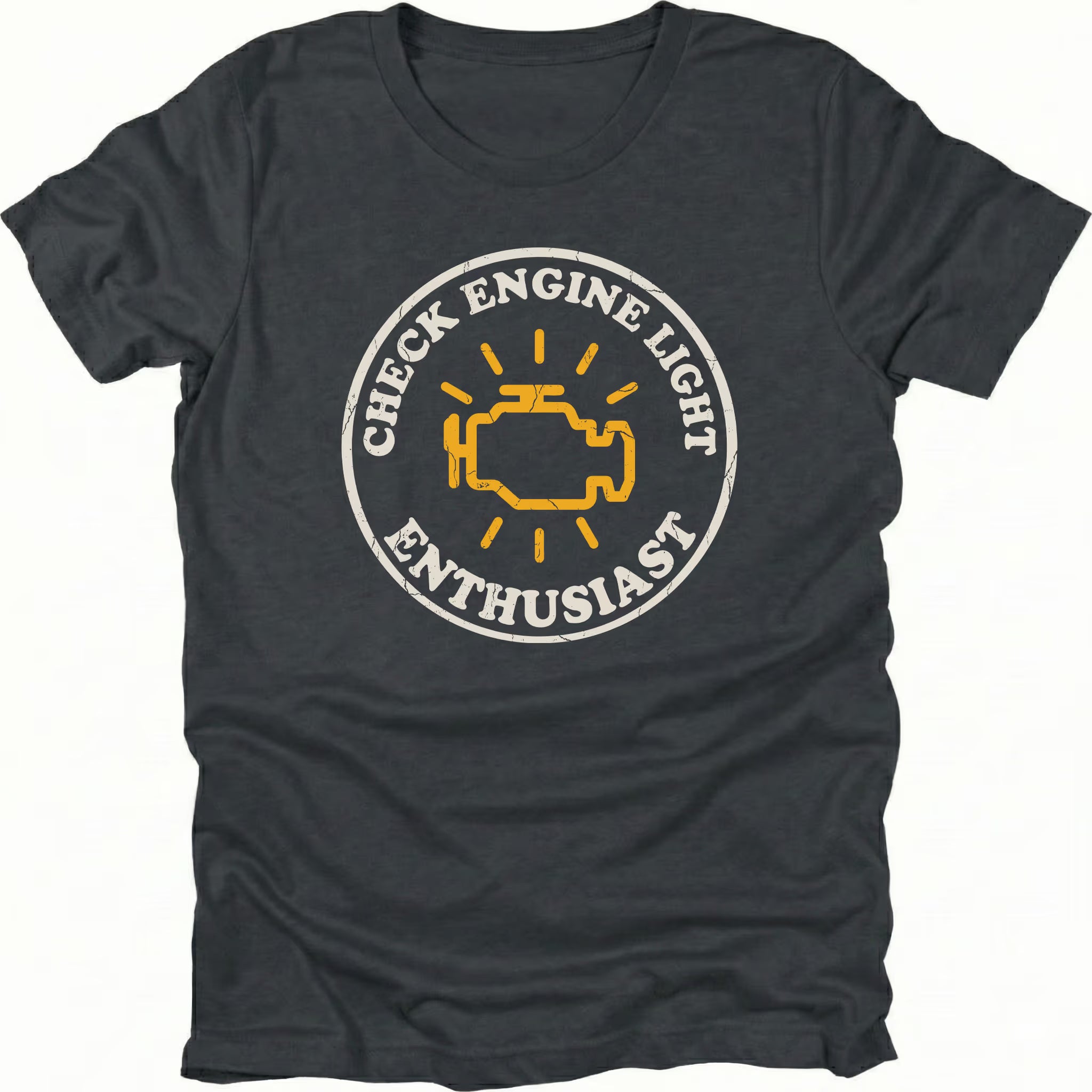 Black t-shirt featuring check engine light enthusiast circular engine warning graphic shown from the front by Trail Snark.