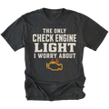 Black t-shirt featuring the Check Engine Light design on the front by Trail Snark.