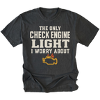 Black t-shirt featuring the Check Engine Light design on the front by Trail Snark.