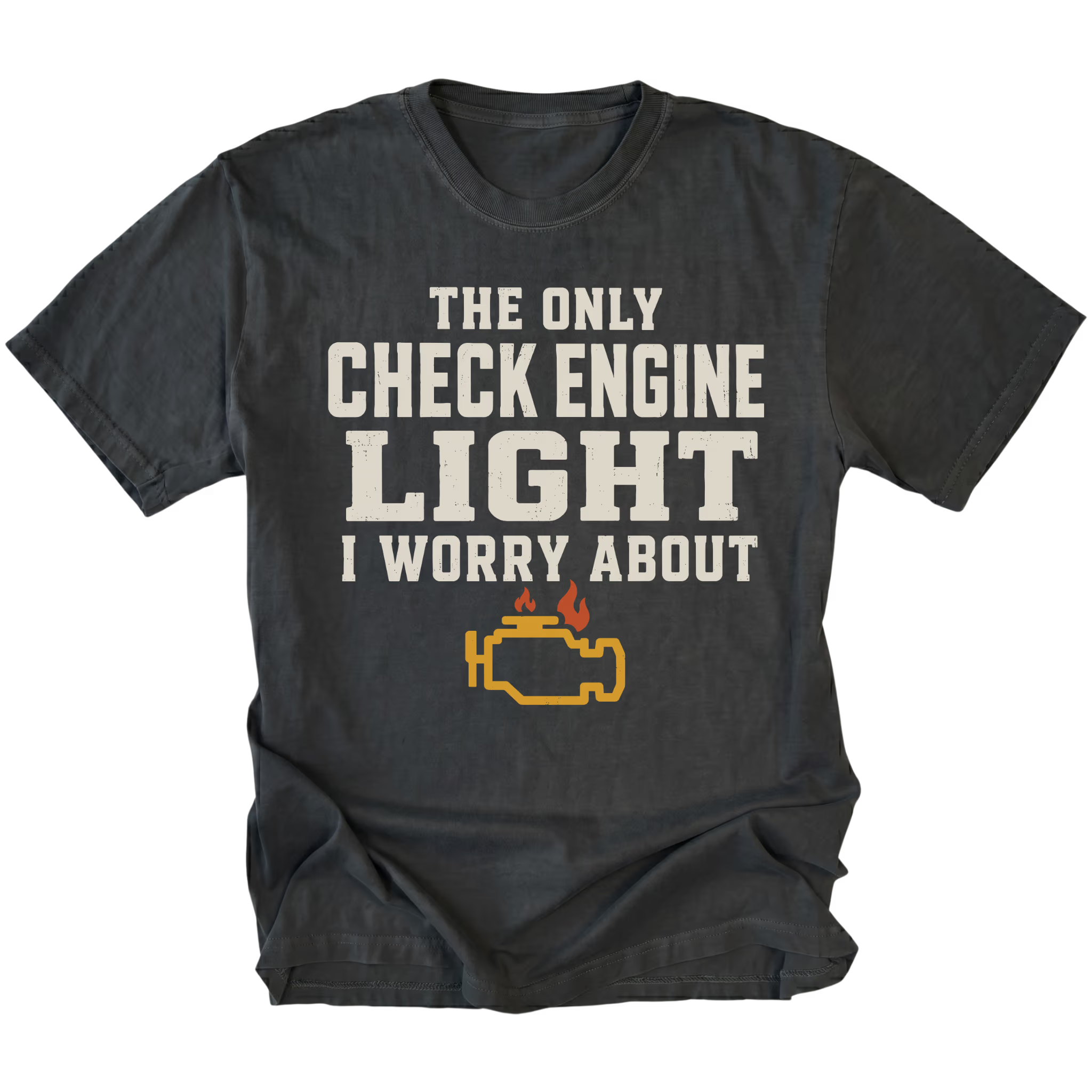 Black t-shirt featuring the Check Engine Light design on the front by Trail Snark.