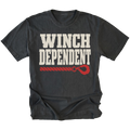 A black t-shirt with a distressed graphic that reads 'WINCH DEPENDENT' in off-white block letters, with a red rope and hook illustration underneath, shown on a plain white background.